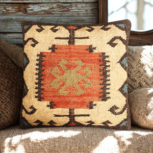 Ensemble de coussins carrés de luxe en jute et laine, motif géométrique multicolore, écologique, décoration intérieure, fabriqué en Inde - Product Image 1