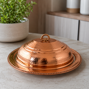 Handmade Pure Copper <b>Food</b> Serving <b>Tray</b> with Dome Lid | Hammered Copper Serving Platter with Cover | Luxury Buffet <b>Food</b> <b>Warmer</b> - Product Image 3