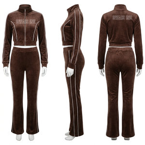 Women <b>Purple</b> <b>Velvet</b> Tracksuit Set Stand Collar Zip Up Top Letter Print Side Stripe Flare Pants - Product Image 6