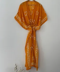 Caftán Maxi de Algodón con Estampado Floral Étnico, Color Naranja, Estilo Boho, Cuello en V, para Playa o Resort de Verano - Product Image 2