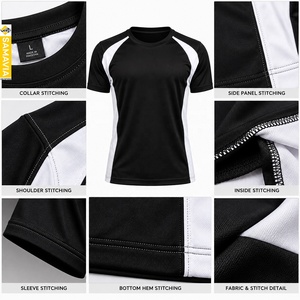 SAMAVIA Men's Black White Color Blocked <b>Raglan</b> <b>Sleeve</b> <b>T</b>-<b>Shirt</b> O-Neck Quick Dry Sporty Regular Fit Knitted Polyester - Product Image 4
