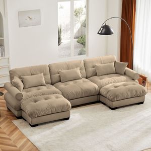Divano Modulare a U Moderno a 3 Posti con Due Pouf Mobili, Cuscini Lombari e Cuscini Decorativi per Soggiorno - Product Image 1