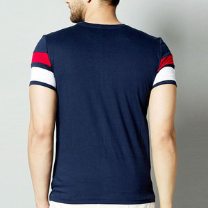 Camiseta de Manga Corta Azul Marino para Hombre, Cuello Redondo, Casual, con Rayas en Contraste, Corte Ajustado, Tejido de Punto, Largo Regular - Product Image 2