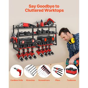Organisateur mural pour outils électriques à 4 niveaux avec 8 supports pour perceuses, support pour tournevis, étagère de rangement - Product Image 2