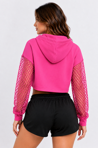 SALSTAR <b>Women's</b> Cropped <b>Hoodie</b> <b>Pink</b> Mesh Lantern Sleeve Sweatshirt Breathable Summer Casual Wear - Product Image 2