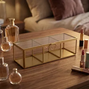 Artisan Design B54 Brass/Glass Cosmetic & Jewelry Organizer <b>Box</b> with Dividers and Glass Panels for <b>Makeup</b> and Jewelry Storage - Product Image 2