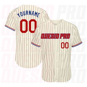 Jersey de Béisbol en Oferta, Precio Económico, Jersey de Béisbol Color Crema con Rayas Negras y Rojo Real, Jersey de Béisbol Auténtico - Product Image 1