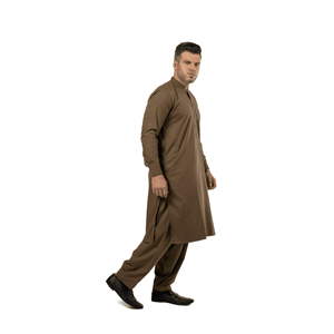 <b>Men's</b> Traditional Semi-Formal Salwar <b>Kameez</b> Regular Length Stand Collar Anti-Shrink Kurta Suit with Mehandi Color - Product Image 2