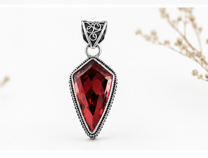 Natural Red Garnet Silver Pendant, 925 Sterling Silver Garnet <b>Necklace</b>, Handmade Boho Gemstone Jewelry, Vintage Style Pendant - Product Image 3