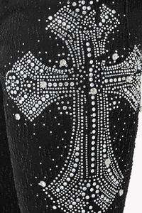 Men's Black Elastic Waist <b>Pants</b> With Crystal Embroidery <b>Sequin</b> Detailing Casual Street Style Midweight Spandex Denim Blend - Product Image 4