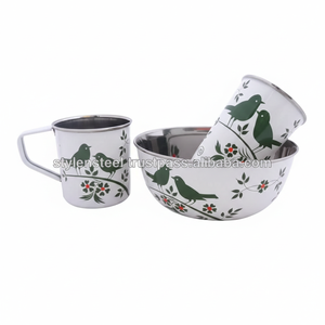 Juego de tazas de café de acero inoxidable con estampado verde, para acampar, viajar, senderismo, fácil de llevar, esmalte - Product Image 5