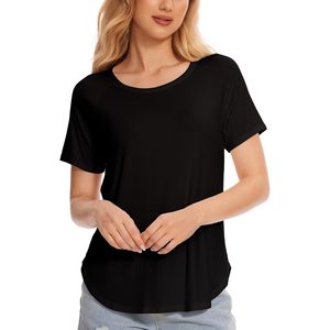 T-shirt noir à manches courtes et col rond pour femme, coupe ample, tricoté, couleur unie, décontracté, respirant, style toutes saisons - Product Image 1