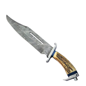 Couteau Bowie artisanal en acier Damas de qualité industrielle, manche en os de chameau, étui en cuir fin, couteau de camping en plein air - Product Image 1