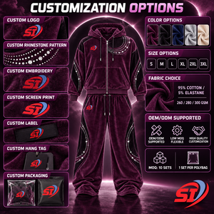 Conjunto de Sudadera con Capucha y Pantalones de Terciopelo OEM Plum Eclipse con Pedrería de Cristal, 95% Algodón, 5% Elastano, Unisex, Estilo Urbano de Verano con Cordón Ajustable - Product Image 5