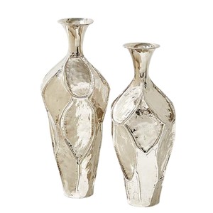 Juego de jarrones de flores de aluminio martillado de lujo moderno, elegantes jarrones decorativos plateados con textura geométrica para la sala de estar - Product Image 1