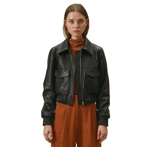 2024แจ็กเก็ตบอมเบอร์สีดำระดับไฮเอนด์สำหรับผู้หญิงหนังแกะแท้แท้ผลิตจากโรงงานสำหรับขี่มอเตอร์ไซค์ฤดูใบไม้ร่วงฤดูหนาว - Product Image 1