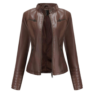 Women's PU Leather Moto <b>Jacket</b> Brown Stand Collar Zipper Full Sleeve Regular Length Solid Color <b>Biker</b> Style - Product Image 1