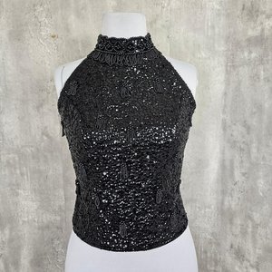 COTTON COUTURE <b>Women</b> <b>Black</b> Sequined Halter Neck <b>Tank</b> <b>Top</b> Sleeveless Crop Blouse with Fringe Trim 100% Polyester Sexy & Club - Product Image 6