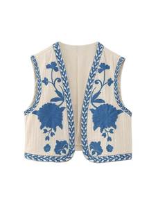 <b>Women's</b> Bohemian Embroidered Floral Canvas Vest Open Front Collarless Breathable Button <b>Waistcoat</b> <b>Blue</b> Pattern Woven Short - Product Image 1