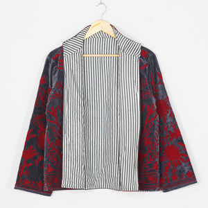 Women Velvet Embroidered <b>Jacket</b> Mandarin Collar Lantern Sleeve Floral Boho Style Autumn Coat Handmade Suzani <b>Pattern</b> - Product Image 3