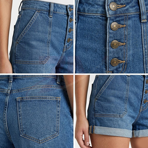 Short en jean taille haute pour femme, coupe droite, bleu délavé, décontracté, été, ourlet retroussé, boutonnage frontal, coupe classique - Product Image 4