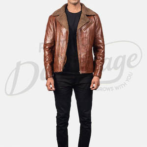 Chaqueta de cuero marrón premium para hombre, estilo motero, de piel de oveja auténtica, con cierre de cremallera y cuello de piel sintética tipo shearling. - Product Image 3