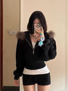 Black Fur Zip Up Hoodie <b>Jacket</b> Y2k Faux Fur <b>Lined</b> Hooded Coat Streetwear Style <b>Jackets</b> - Product Image 2