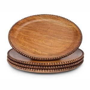 Assiette de service vintage bohème à texture bois avec bordure en dentelle à imprimé floral rose, assiette décorative pour la mise en table de banquet - Product Image 4