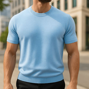 T-shirt tricoté sur mesure de luxe, mélange de viscose et de coton de qualité supérieure, coupe ajustée, col rond, pull tricoté décontracté, couleur unie, tee-shirt d'été pour homme - Product Image 4