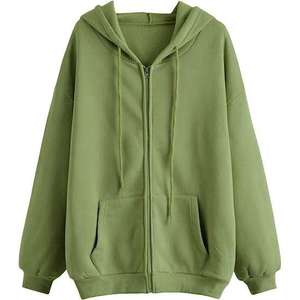 Sudadera con Capucha Unisex Verde Oliva, Cierre de Cremallera, Corte Holgado, Color Sólido, Felpa de Algodón Transpirable, 430g, Ropa Casual de Invierno - Product Image 1