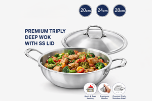 PREMIUM TRIPLEY DEEP <b>WOK</b> (Kadai) WITH StaiNless Steel <b>LID</b> - Product Image 4
