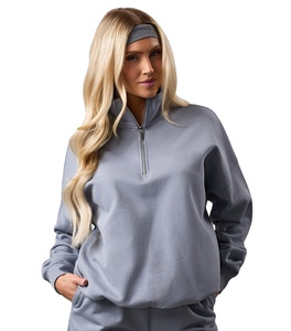 Nouvel arrivage : Sweat-shirts pour femme en molleton de coton, coupe oversize, épaules tombantes, manches longues, fermeture éclair 1/4, bas côtelé, avec badge, pour l'hiver et le quotidien - Product Image 6