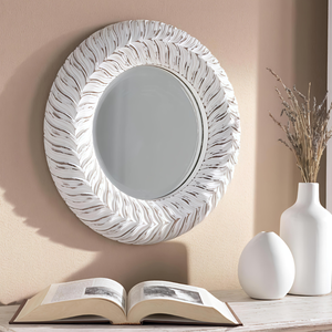 Espejo de Pared Redondo con Marco de Madera Tallada, Diseño Moderno en MDF con Acabado Blanco Lavado, para Vestidor o Sala de Estar - Product Image 1