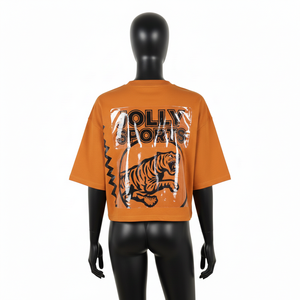 T-shirt court pour femme en jersey de coton 180 GSM, toucher doux, couleur orange rouille, logo thermocollé, respirant - Product Image 2