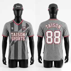 Premium 180 GSM Polyester Retro Jersey Grey <b>Black</b> Panel Design Red <b>White</b> Trim Custom Heat Transfer Logo - Product Image 1