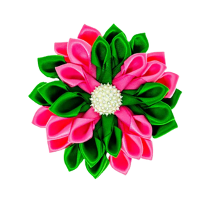 Broche de Flor de Seda Rosa y Verde con Centro de Perlas y Diamantes de Imitación, Elegante Pin de Solapa, Accesorio de Moda para Mujer - Product Image 2