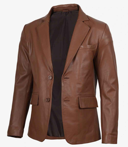 Men Brown Leather <b>Blazer</b> Notched Collar Single Breasted Regular Fit Full Length Sleeve With Front Two Pockets - Product Image 4