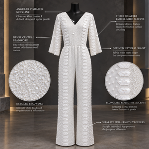 Mono de Fiesta con Cuentas en Color Blanco Marfil, Escote Profundo en V y Mangas Tres Cuartos |   Traje Formal de una Pieza con Pierna Ancha y Detalles Reflectantes - Product Image 5
