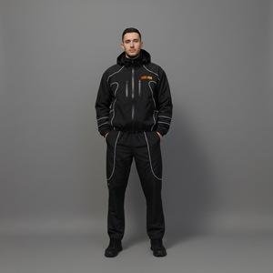 Conjunto deportivo de hombre OEM 100% nailon, logotipo impreso personalizado, color negro sólido con ribetes, ropa urbana transpirable, conjunto de 2 piezas para hombre - Product Image 1