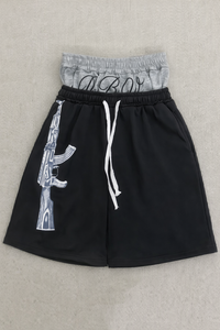 Shorts pour hommes noirs à double taille avec cordon de serrage, imprimé pistolet, style sport décontracté, taille mi-haute, en polyester, design respirant - Product Image 4