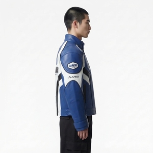 เสื้อแจ็คเก็ตนักขี่มอเตอร์ไซค์หนังสีน้ำเงินรอยัลขาว  ลายกราฟิกสปีดพาวเวอร์  บุฟองน้ำ  สำหรับขี่มอเตอร์ไซค์  แฟชั่นสตรีทแวร์  เสื้อโค้ทสั่งทำพิเศษสำหรับผู้ชาย - Product Image 3