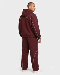 OEM Custom Men's Burgundy <b>Oversized</b> Contrastline Tracksuit Set Premium Quality Cotton Fleece Hoodie & Wide Leg <b>Sweatpants</b> - Product Image 2