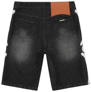 <b>Men's</b> Black Washed Denim Shorts with Skeleton Bone Print <b>Drawstring</b> Waist Casual Streetwear <b>Jean</b> Short, Relaxed Fit Summer Short - Product Image 2