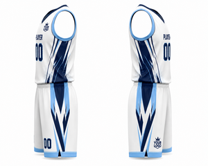 Ensemble d'uniformes de basketball personnalisés sublimés, blanc et bleu, maillot sans manches et short, unisexe adulte, anti-transpiration, 100% polyester - Product Image 4