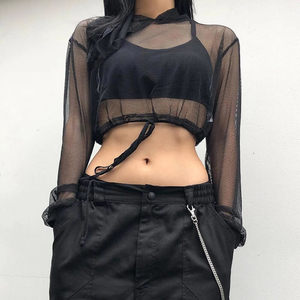 Women <b>Mesh</b> Fabric Crop <b>Top</b> Hoodie Full Sleeve Crew Neck Streetwear Sexy Club Polyester Sweatshirt - Product Image 5