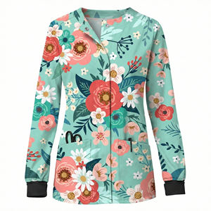 Blouse d'infirmière personnalisée à imprimé floral, veste de travail à boutons-pression, manches longues, pour personnel médical, spa, salon de beauté, vente en gros de blouses de travail - Product Image 6