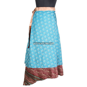 New Indian Sari Silk Long <b>Wrap</b> <b>Skirts</b> Women Wear Vintage Silk Sari Long Length <b>Wrap</b> Around <b>Skirt</b> 2 Layer Reversible Saree Boho - Product Image 1