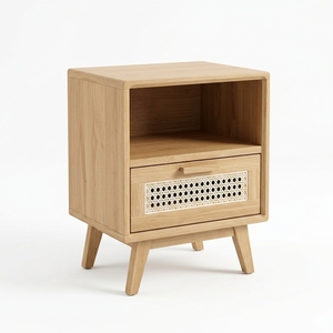 Table de chevet Enzo modèle KAG CAB05, design moderne élégant, bois de teck luxueux, texture en rotin, avec un rangement élégant, 1 tiroir - Product Image 1