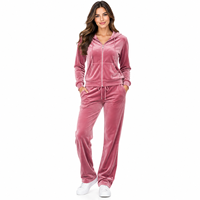 Ensemble de survêtement rose en velours à capuche pour femme, coupe ample, décontracté, toutes saisons, 2 pièces, manches longues, ensemble jogging en velours
