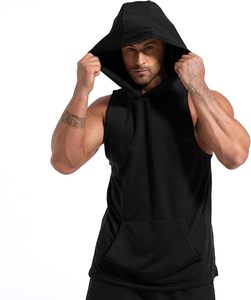 Men's <b>Black</b> Hooded Sleeveless <b>Tank</b> <b>Top</b> With Pockets Quick Dry Sporty Fit Knitted Mesh Gym Vest - Product Image 2